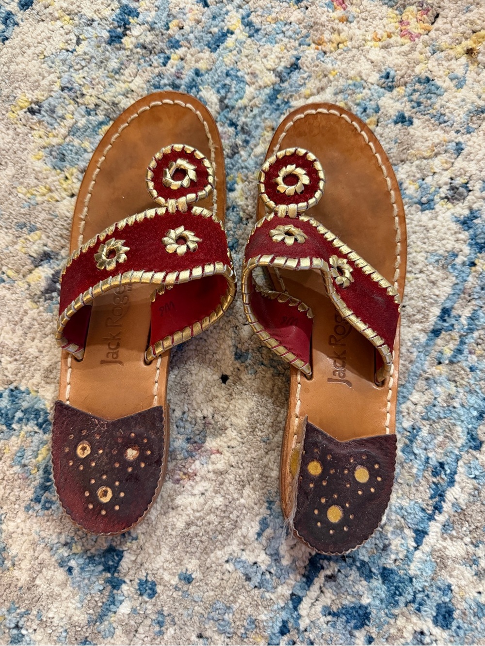 Jack Rogers Red and Brown Leather Whipstitch Slide Sandals